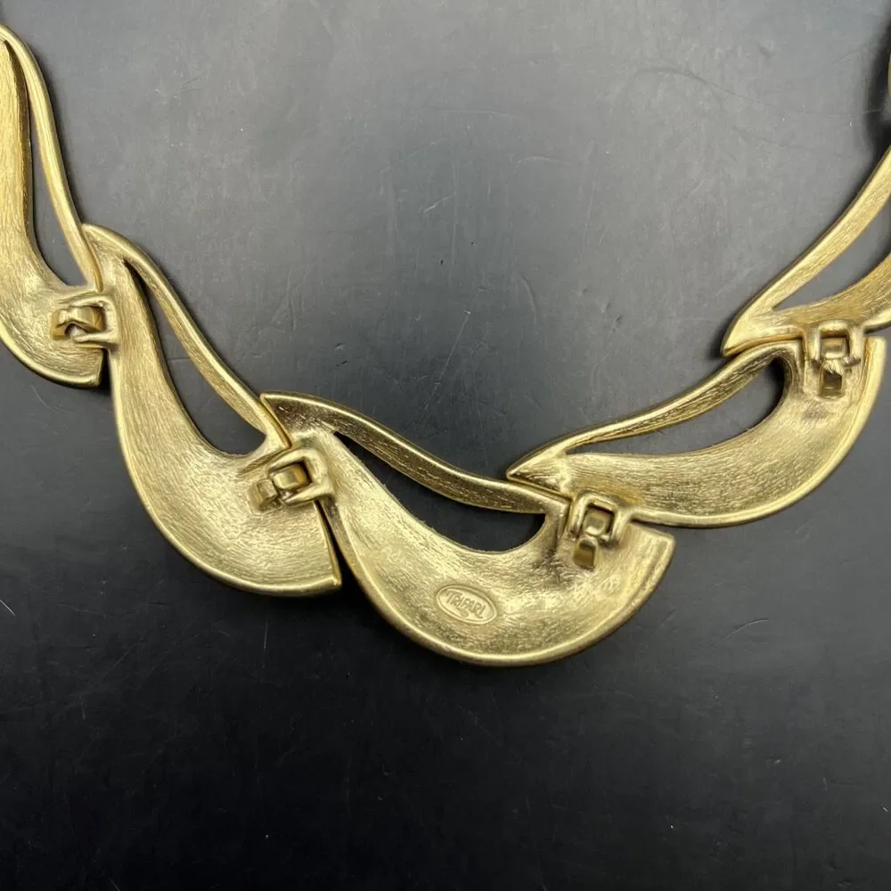 Vintage Trifari Bib Collar Necklace Gold Tone Bar Link Abstract Design 1980s